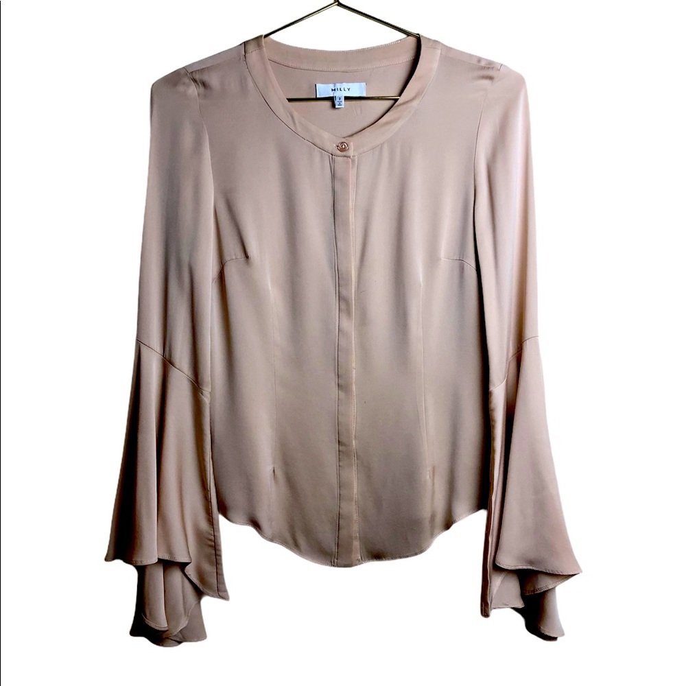 Milly Ruthie Bell-Sleeve Stretch-Silk Crepe Blouse